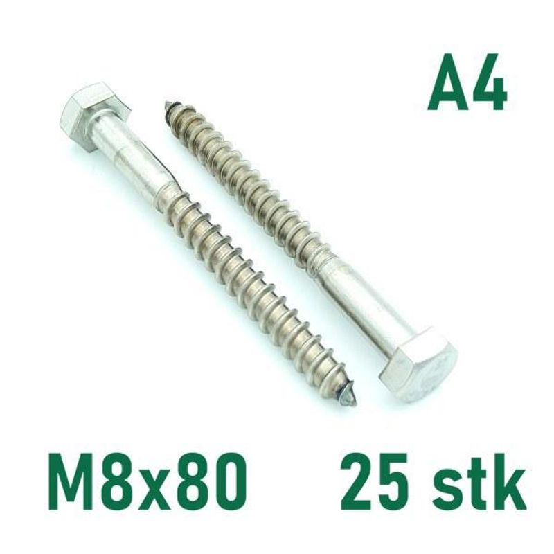 M8x80 Fransk Treskrue 25 stk Syrefast A4