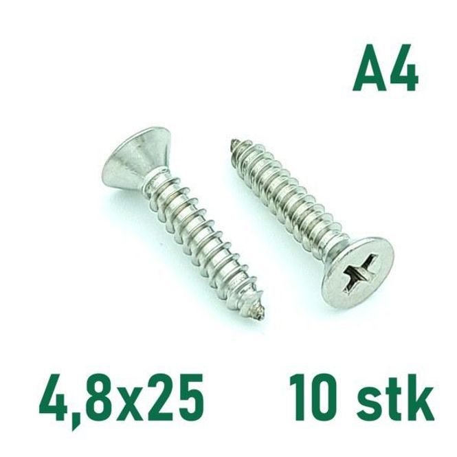 Hovedbilde 4,8x25 Plateskrue 10 stk Senkehode Syrefast A4