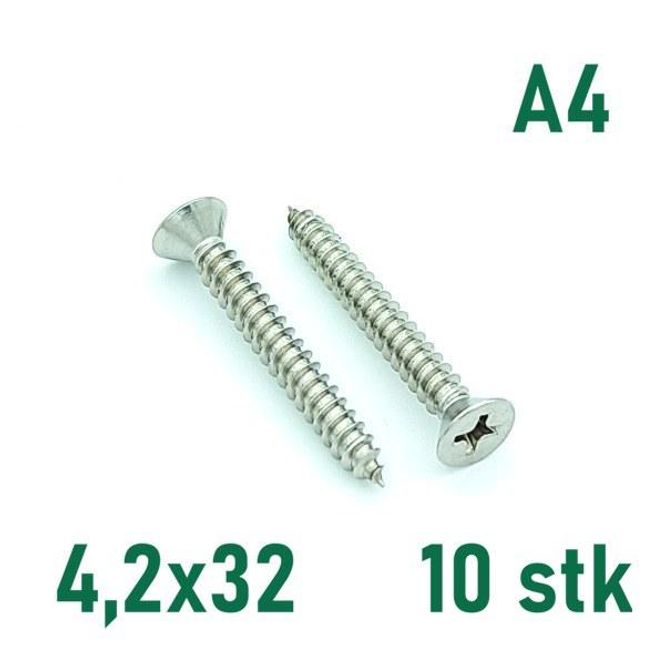 Hovedbilde 4,2x32 Plateskrue 10 stk Senkehode Syrefast A4