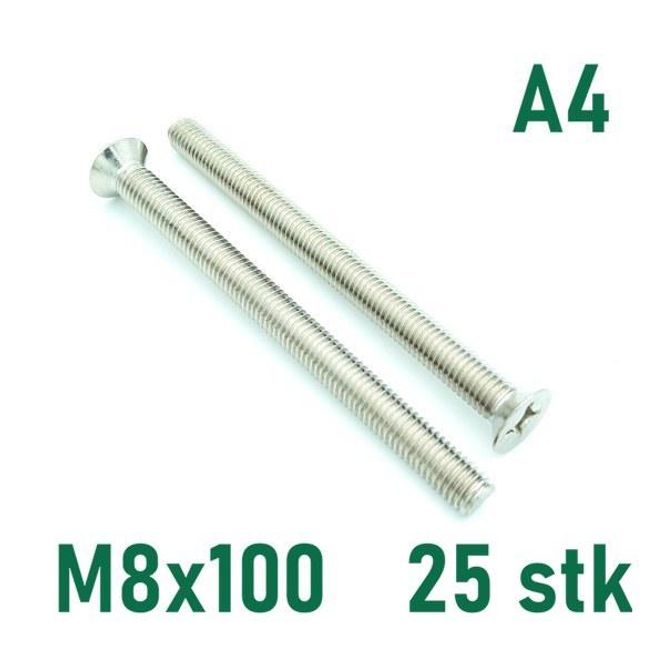 Hovedbilde M8x100 Maskinskrue 25 stk Senkehode Syrefast A4