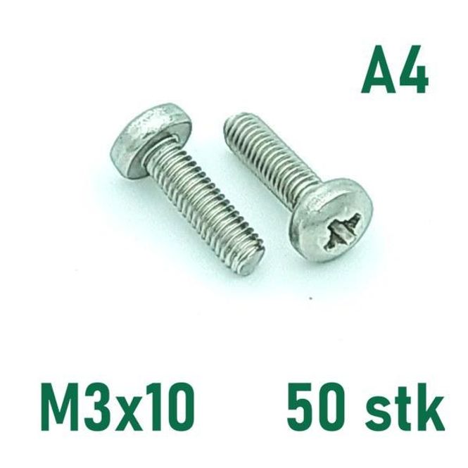 Hovedbilde M3x10 Maskinskrue 50 stk Panhode Syrefast A4