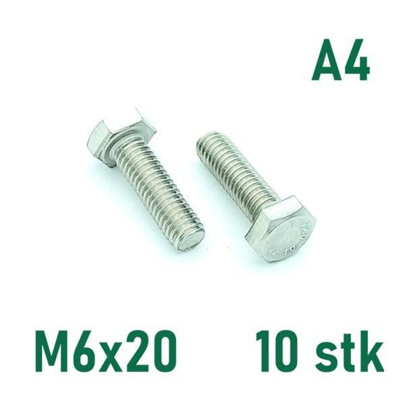 M6x20 Sekskantskrue 10 stk  Syrefast A4