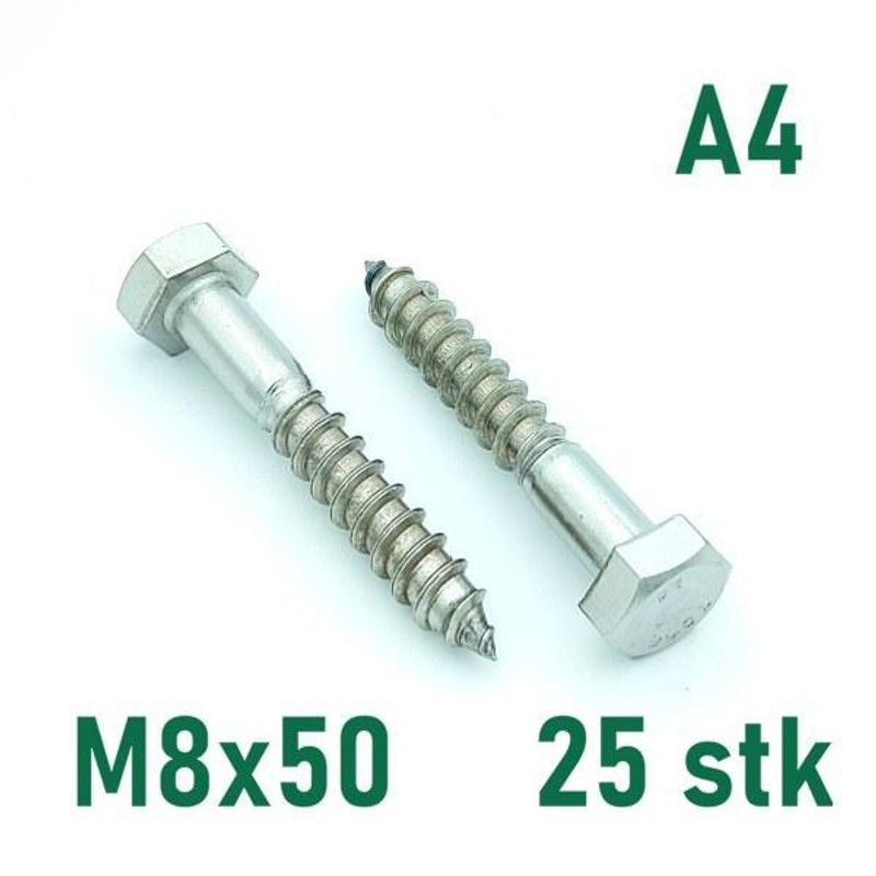 M8x50 Fransk Treskrue 25 stk Syrefast A4