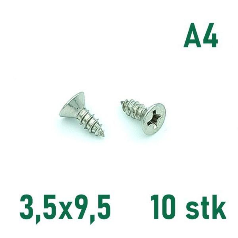 3,5x9,5 Plateskrue 10 stk Senkehode Syrefast A4