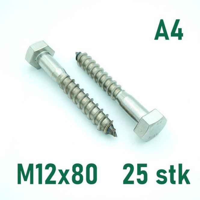 Hovedbilde M12x80 Fransk Treskrue 25 stk Syrefast A4