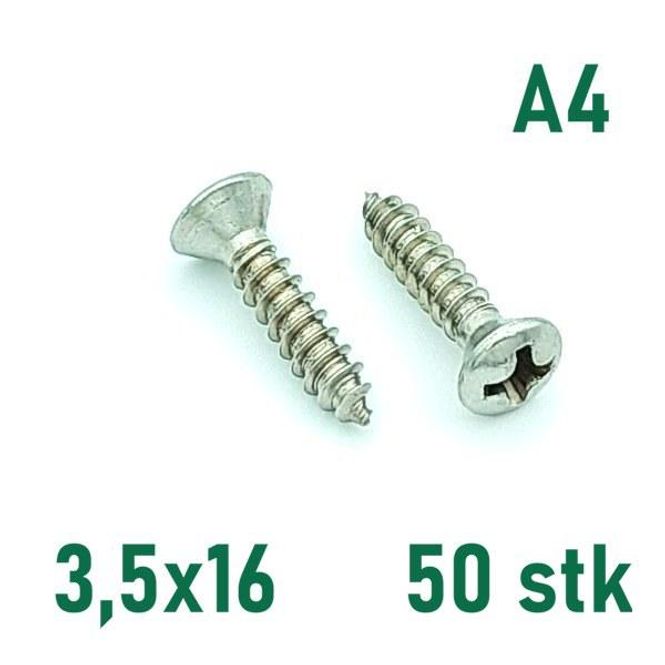 Hovedbilde 3,5x16 Plateskrue 50 stk Linsehode Syrefast A4