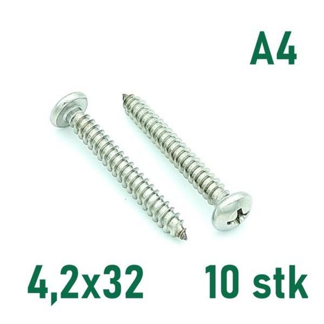 Hovedbilde 4,2x32 Plateskrue 10 stk Panhode Syrefast A4