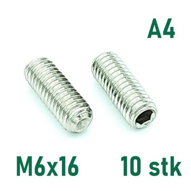 Hovedbilde M6x16 Settskrue 10 stk Syrefast A4