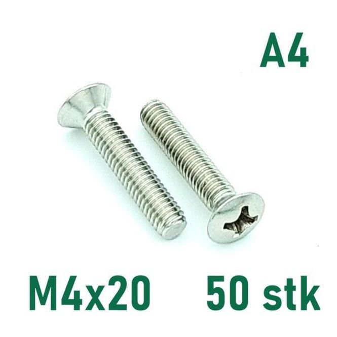 Hovedbilde M4x20 Maskinskrue 50 stk Linsehode Syrefast A4
