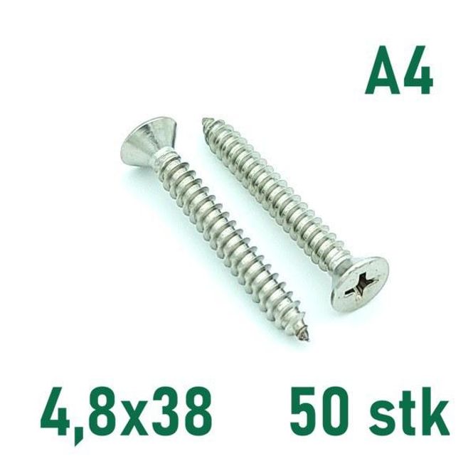 Hovedbilde 4,8x38 Plateskrue 50 stk Senkehode Syrefast A4