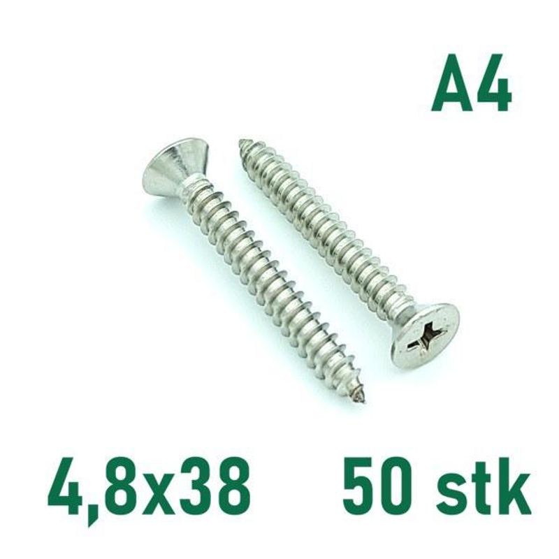 4,8x38 Plateskrue 50 stk Senkehode Syrefast A4