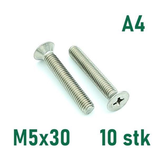 Hovedbilde M5x30 Maskinskrue 10 stk Senkehode Syrefast A4