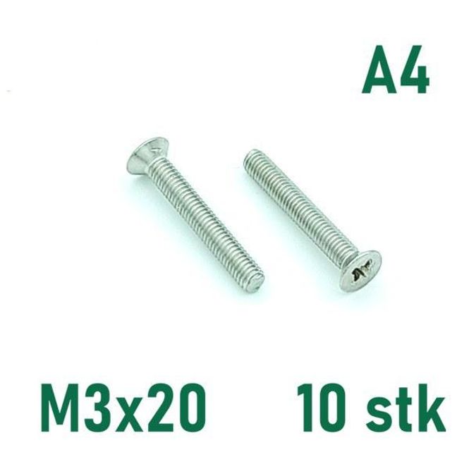 Hovedbilde M3x20 Maskinskrue 10 stk Senkehode Syrefast A4
