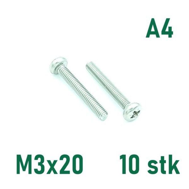 Hovedbilde M3x20 Maskinskrue 10 stk Panhode Syrefast A4