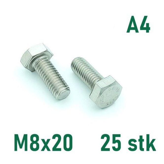 Hovedbilde M8x20 Sekskantskrue 25 stk  Syrefast A4