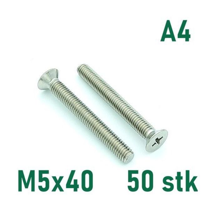 Hovedbilde M5x40 Maskinskrue 50 stk Senkehode Syrefast A4