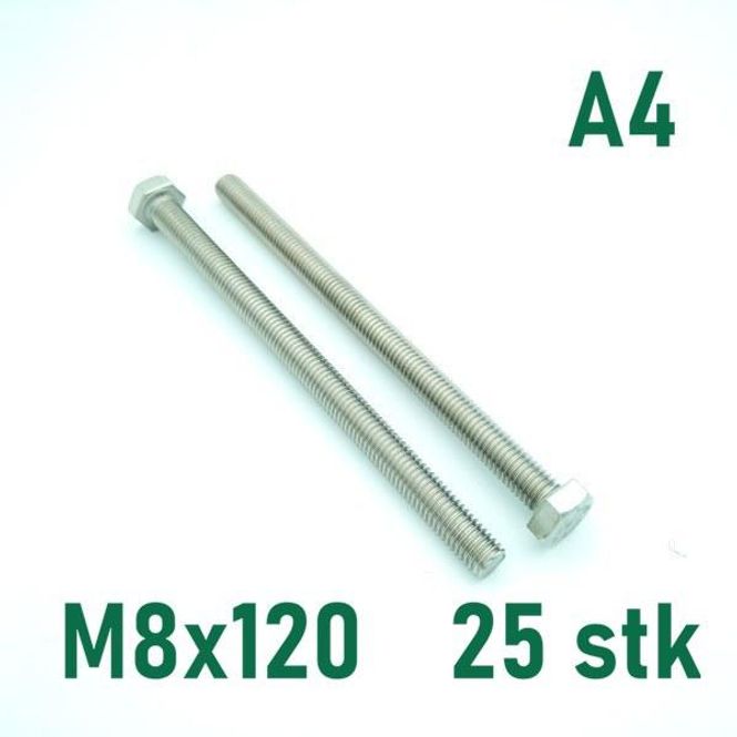 Hovedbilde M8x120 Sekskantskrue 25 stk  Syrefast A4