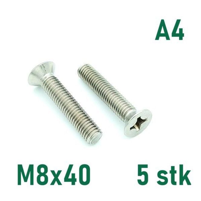 Hovedbilde M8x40 Maskinskrue 5 stk Senkehode Syrefast A4
