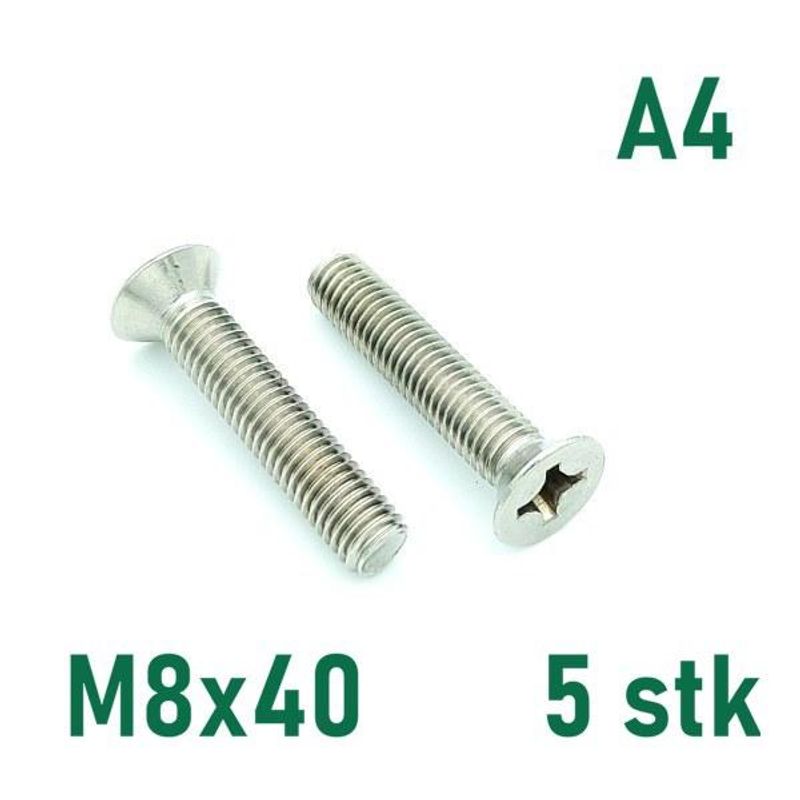 M8x40 Maskinskrue 5 stk Senkehode Syrefast A4