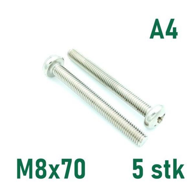 Hovedbilde M8x70 Maskinskrue 5 stk Panhode Syrefast A4