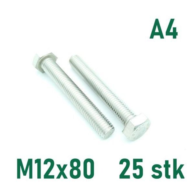 Hovedbilde M12x80 Sekskantskrue 25 stk  Syrefast A4